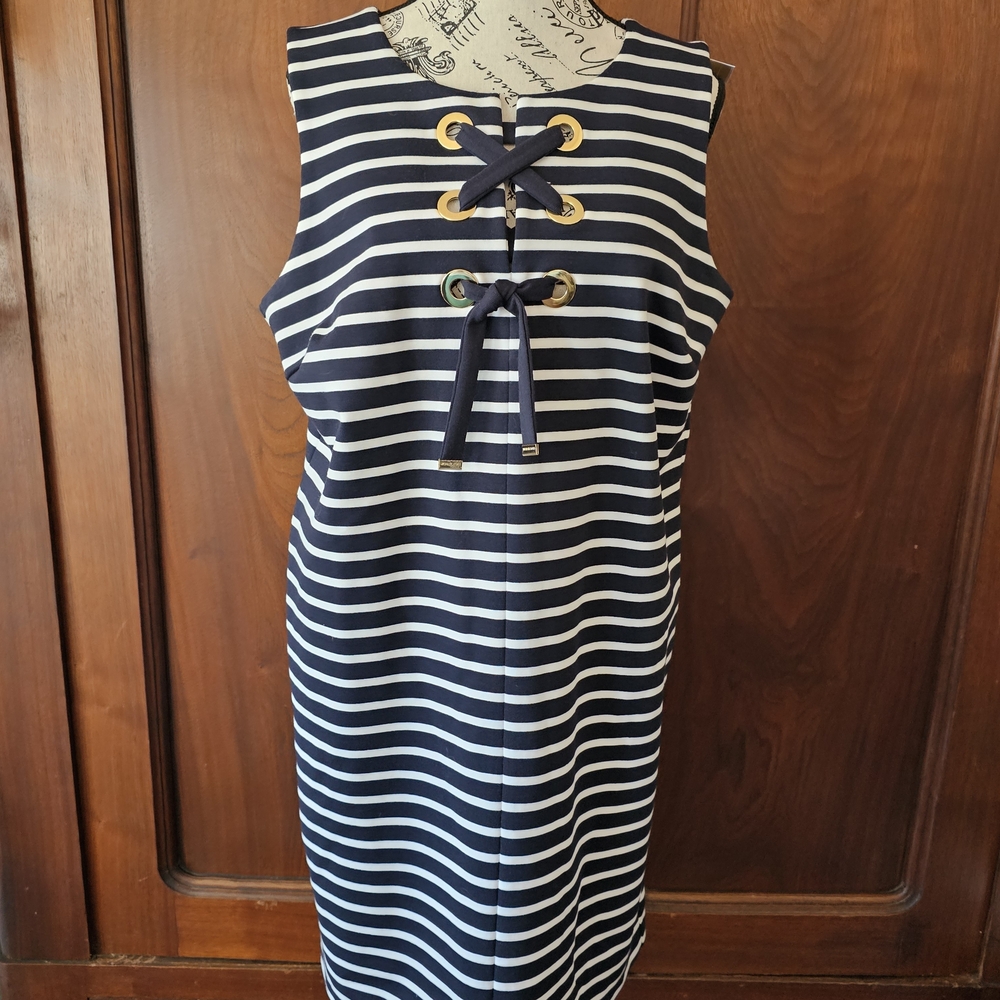 Michael Kors Navy and White Striped Lace-Up Midi Dress